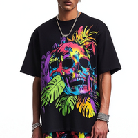 T-shirt noir surdimensionné personnalisé de qualité supérieure avec motif floral de crâne imprimé en sérigraphie, 100 % coton, respirant, séchage rapide, écologique