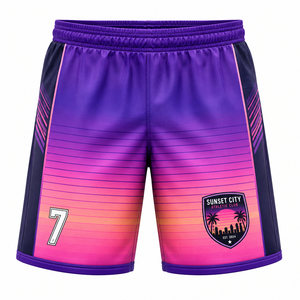 Pantalones Cortos Deportivos para Hombre Sunset City Athletic Club, Color Degradado, Cintura Elástica, Secado Rápido, 100% Poliéster, Ropa Deportiva de Verano - Product Image 1