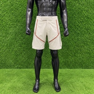 Shorts de MMA pour hommes Topline Products, coupe athlétique, anti-humidité, séchage rapide, respirant, blanc avec bordure orange. - Product Image 1