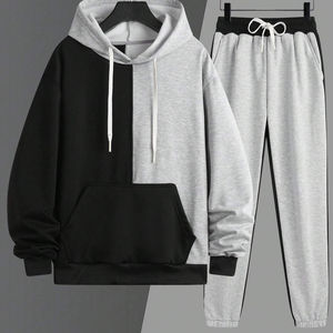 Ensemble de survêtement athlétique 2 pièces pour homme en coton 100 % : sweat à capuche bicolore avec cordon de serrage et pantalon de sport - Product Image 6