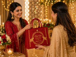 Red Laminated Jute <b>Wedding</b> Return <b>Gift</b> <b>Bag</b> With Golden Print Button Closure Eco Friendly Custom Logo Wholesale Tote - Product Image 6