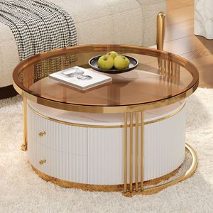 Tavolino da Caffè Moderno Rotondo a 2 Pezzi con Piano in Vetro Temperato Marrone e Cassetti, 27,6 Pollici - Product Image 3