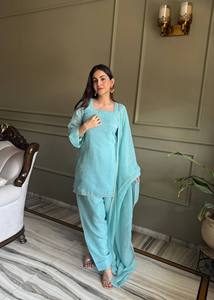 NUEVO CONJUNTO FARSHI SALWAR ESPECIAL PARA FIESTAS DE EID, TELA DE SEDA CRUNCHY CON TRABAJOS DE SIROSKI, TOP DUPPTA, LISTO PARA USAR, ELÁSTICO Y DE SECADO RÁPIDO - Product Image 6