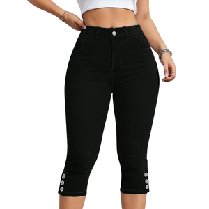Womens Black <b>Stretch</b> <b>Denim</b> Capri Pants Regular Fit High Waist Button Hem Casual Cropped Jeans Summer Daily Wear Comfort Fit - Product Image 1