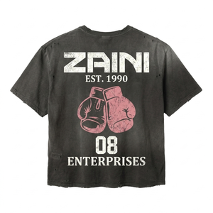 เสื้อยืดคอตตอนหวีเนื้อหนัก 240 GSM ล้างสีแบบแอซิดวอช สีชาร์โคลวินเทจ แต่งลายขาดแบบดิสเทรส พร้อมโลโก้แบบรีดร้อนตามสั่ง - Product Image 2