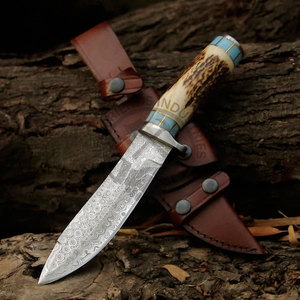 Couteau Bowie à lame fixe en acier Damas sur mesure de 10,5 pouces, ambidextre, neuf, pour la chasse et la survie, avec manche en bois de cerf et turquoise, objet de collection - Product Image 2