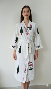 Peignoir en coton doux rose à motifs floraux pour femme, imprimé feuilles vertes, robe de spa légère et confortable, serviette de bain - Product Image 2