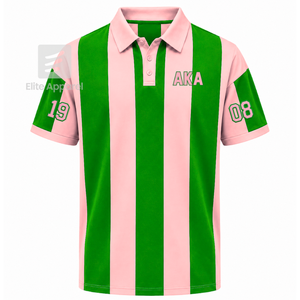 เสื้อโปโลลายทาง Alpha Kapa Alpha Sorority แบบสั่งทำพิเศษ พร้อมโลโก้ปักด้านหน้า สีเขียวชมพู แขนสั้นลำลองสำหรับผู้หญิง - Product Image 1