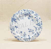 Assiette de présentation ronde décorative en métal avec motif floral émaillé oiseau bleu, vaisselle en acier inoxydable pour la mise en place de la table