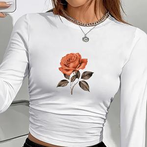 Camisa de manga larga de moda para mujer con tela de punto estilo Y2K con estampado de rosas naranjas detalladas - Product Image 2