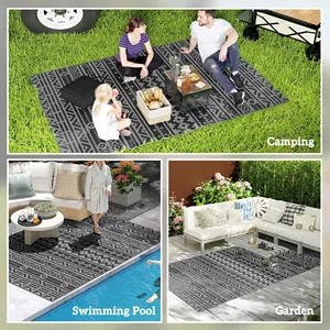 Tapis d'extérieur réversible géométrique noir et gris en paille plastique imperméable avec sac de transport 6 x 9 - Product Image 3