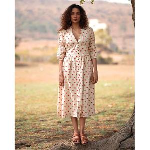 Minivestido con estampado de corazones para mujer, cuello en V, manga abullonada, informal, holgado, de verano, 100% algodón, tejido vintage - Product Image 1
