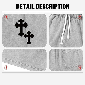 Shorts de sport décontractés pour hommes avec logo personnalisé sur le devant, 100% coton molletonné épais, délavage acide, taille à cordon de serrage, taille mi-haute, design effet soleil éclairé - Product Image 6
