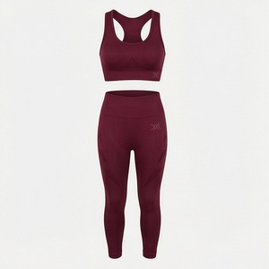 Conjunto de Yoga sin Costuras Color Borgoña para Mujer, 2 Piezas, Top Corto con Espalda Cruzada y Leggings de Cintura Alta - Product Image 1