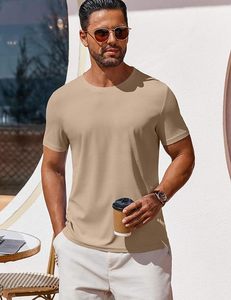 เสื้อยืดคอกลมแขนสั้นผู้ชายสีเบจทรงสลิมฟิตลำลองสีทึบ - Product Image 3
