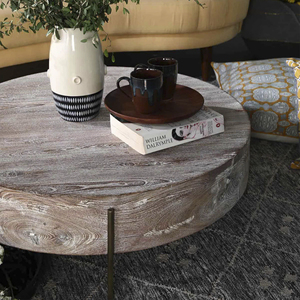 Tree Drum <b>Round</b> Acacia Wood Coffee <b>Table</b> With Distressed Natural Grain Finish Mid Century Modern Home Villa Center Sofa <b>Table</b> - Product Image 5