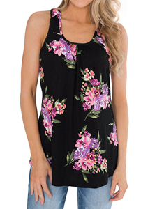 Camiseta sin mangas con estampado floral para mujer, cuello redondo, informal, para verano, color negro con flores rosas y moradas - Product Image 1