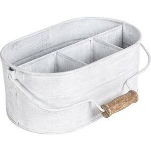 Caddie en métal galvanisé blanc vieilli de style rustique avec 4 compartiments, porte-ustensiles, organisateur de couverts et de service - Product Image 1