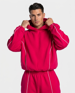 Survêtement Homme Personnalisé avec Logo, Ligne Contrastante Framboise, Piping Élastique, Sweat-shirt Homme Oversize, Hoodie à Piping Contrastant - Product Image 4