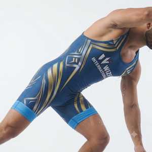Wize International Blue Wrestling Singlet With Gold <b>Silver</b> Geometric Design Men's Gym Wear Men Singlets - Product Image 4