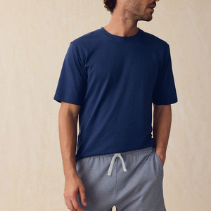 Men's Navy Blue Solid T-Shirt and Striped Shorts <b>Set</b> Casual Summer <b>Knitted</b> Breathable 2-Piece Outfit - Product Image 3