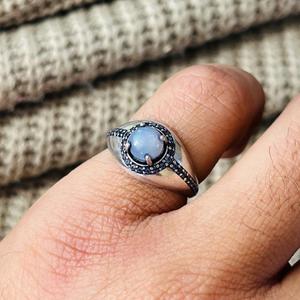 Art Deco Blue Chalcedony Brass <b>Ring</b> Silver Plated Vintage Halo Wholesale <b>Ring</b> For Women - Product Image 4