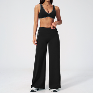 Black 2 Piece Yoga Set Deep V Neck Racerback <b>Crop</b> <b>Top</b> High Waist Flared Pants Side Stripe Contrast Binding Seamless Breathable - Product Image 1