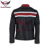 Herren Echte Marineblaue Lederjacke mit Rot-Weißen Rennstreifen Biker Motorrad Rindsleder Mantel Retro Abzeichen Maßgefertigte Klassische Wintermäntel