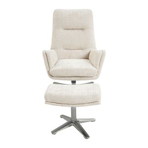 Elegante Poltrona Girevole con Poggiapiedi in Ciniglia Beige, Comodo Arredo per Soggiorno con Base in Metallo Finitura Argento - Product Image 3