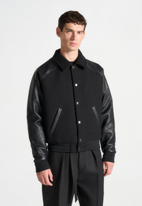 Men's Black Varsity <b>Jacket</b> Cotton Body Genuine Sheepskin Sleeves Turn-down Collar Casual Winter Wear Shearing Front - Product Image 5