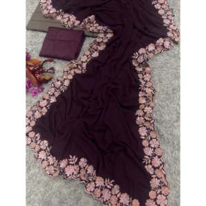 Saree de soirée de créateur avec broderie de paillettes et de fils - Product Image 6