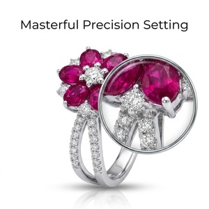 Anillo de Oro Sólido con Rubí Natural y Diamantes, Diseño de Flor, Fabricante de Joyería Personalizada al por Mayor, MOQ 1 Pieza - Product Image 2