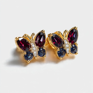 Pendientes de Mariposa Rojos y Azules con Piedras Multitamaño y Circonitas Cúbicas, 3 Pulgadas, 8 Gramos, Plata de Ley 925, Chapado en Oro de 18K, Joyería Étnica - Product Image 1