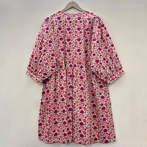 Robe mini en coton écologique faite à la main avec imprimé floral à la main, col en V, manches 3/4, ourlet à volants en dentelle, lavable, style chinoiserie - Product Image 4