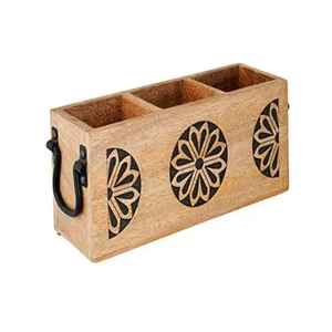 Wooden Cutlery Holder Organizer with Metal Handles Kitchen Utensil Storage Box Tabletop Flatware Spoon Fork Knife Stand Rack - Product Image 2