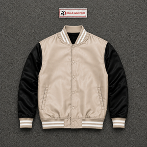 Chaqueta Varsity de Satén Beige y Negro para Hombre, Chaqueta Bomber Premium de Béisbol con Mangas Negras en Contraste y Cuello Acanalado a Rayas - Product Image 5