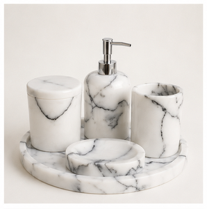 Classic Natural White Marble Bathroom Accessories Set with Tray Handcrafted Soap Dispenser <b>Toothbrush</b> <b>Holder</b> and Soap Dish - Product Image 3