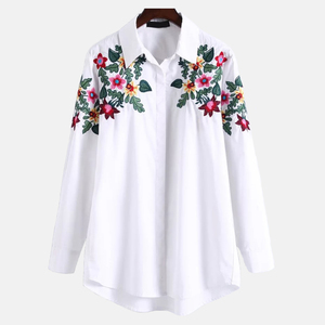 เสื้อเชิ้ตผู้หญิงผ้าฝ้ายป๊อปลิน 100% เป็นมิตรกับสิ่งแวดล้อม ซับเหงื่อ ระบายอากาศได้ดี เหมาะสำหรับใส่ทำงานในออฟฟิศ ติดกระดุม แขนยาว ลายเรียบ/ลายพิมพ์ - Product Image 2