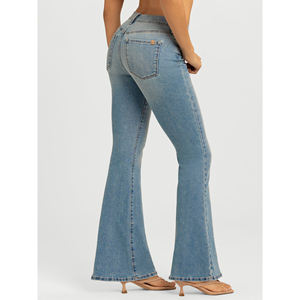 Pantalon en jean évasé taille haute pour femme, décontracté, longueur intégrale, bleu délavé, en coton, avec braguette boutonnée - Product Image 4