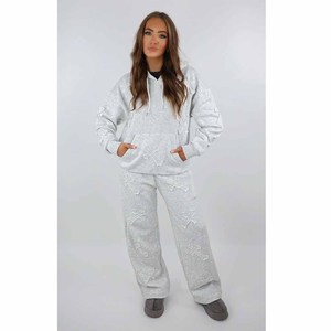 Ensemble de survêtement 2 pièces gris en polaire pour femme, coupe ample, à capuche, décontracté, manches longues, motif croisé gaufré - Product Image 5