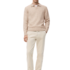 Pull polo à manches longues en tricot naturel pour homme, mélange doux de laine/viscose, coupe classique, col en V, anti-plis, beige, décontracté, hiver - Product Image 4