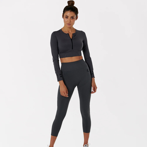<b>Women's</b> Long Sleeve Seamless Yoga Crop <b>Top</b> Set High Waist <b>Compression</b> Leggings Gym Fitness Workout Activewear Sportswear - Product Image 1