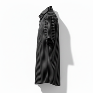 Camisa Casual Premium para Hombre, Negra, de Verano, Elegante, con Rayas Blancas Bordadas, Transpirable, de Manga Corta, Mezcla de Algodón y Jersey - Product Image 3