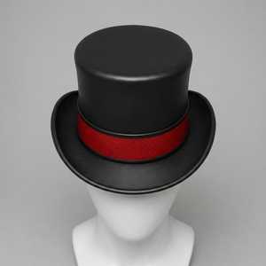Unisex Black Leather <b>Top</b> <b>Hat</b> with Red Band Formal Party Wear Adult Four Seasons - Product Image 3