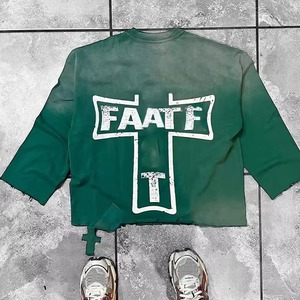 OEM O Neck <b>Drop</b> Shoulder Custom Print 200 Gsm Boxy Fit Cut Edge <b>Acid</b> Sun Faded Vintage Cropped T Shirt for Men Cotton T-shirt - Product Image 2