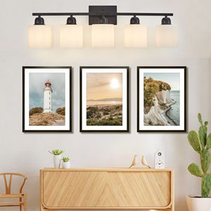 5 <b>Light</b> Modern Bathroom <b>Vanity</b> <b>Light</b> <b>Mirror</b> Black and Milky White Frosted Glass Shades E26 Wall Sconces - Product Image 4