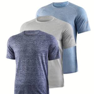 T-shirt homme en polyester bleu clair, coupe ajustée, respirant, pour la gym, la course, le fitness, l'entraînement, avec logo sur la poitrine, décontracté, été, vêtements de sport - Product Image 3