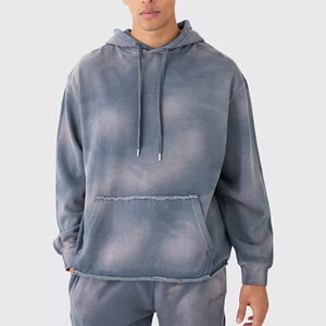 Street wear personnalisé Sun Faded Distressed Raw Hem Hoodies Vintage acid stone washing Sweat à capuche pour hommes - Product Image 1