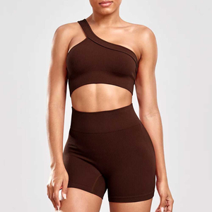 Ensemble de yoga 2 pièces marron asymétrique à une épaule, short taille haute, design découpé, sans couture, en Spandex et Polyester, tenue de sport - Product Image 1