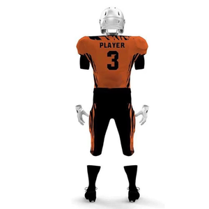 Ensemble Maillot et Pantalon de Football Américain Personnalisé pour Homme – Orange et Noir Rayé, Sublimé, Col en V, Manches Courtes, Coupe Ajustée, Anti-Transpiration - Product Image 3